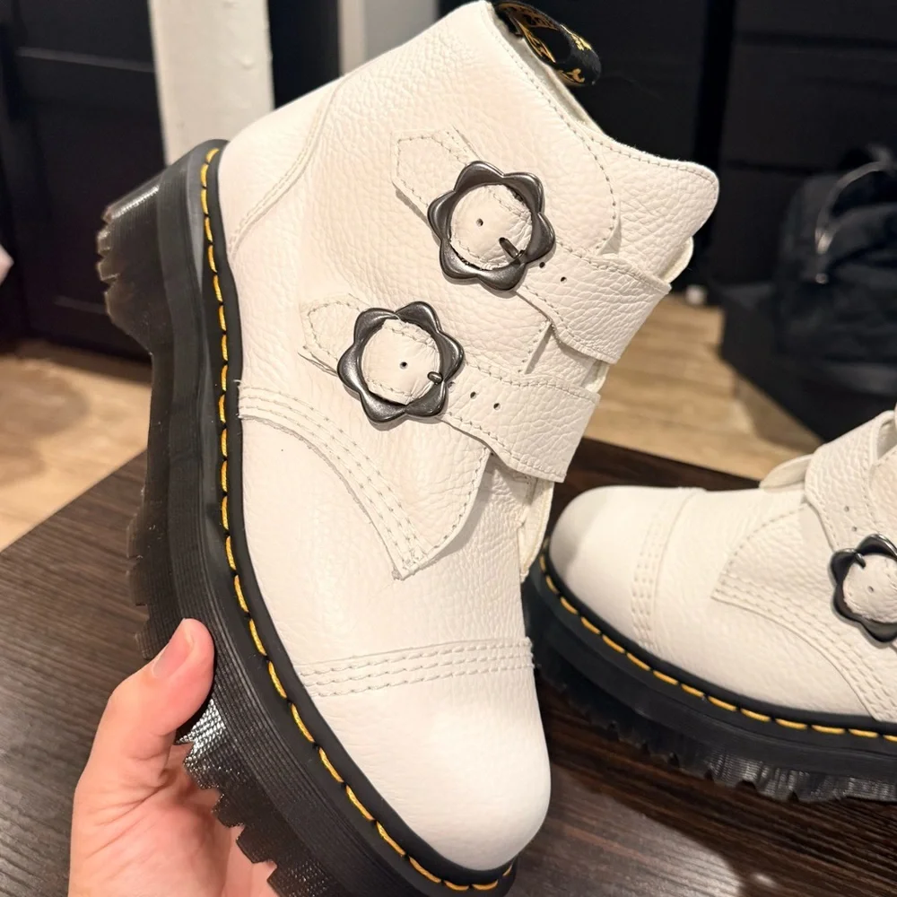 Dr. Martens White Leather Combat Boots with Black Soles - Picture 3 of 6